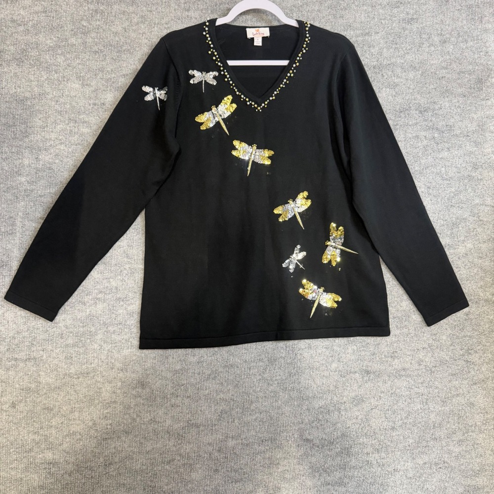 Quacker Factory Size-M Womens Sweater Black Dragonfly Sequin Beaded V-Neck